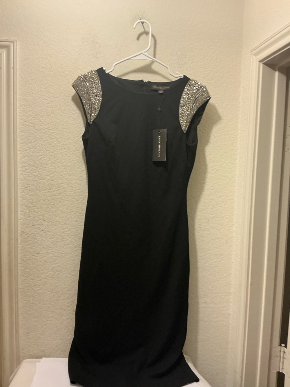 NWT Emily Shalant Black Midi Dress  embellished beaded Cap Sleeves size 2 $750